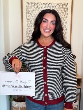 Amazon Black & White Striped Cardigan with Burgundy Trim